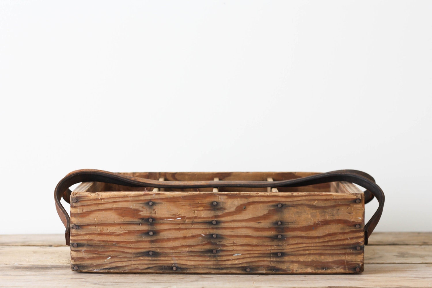 Vintage Handmade Wood Tote with Leather Strap