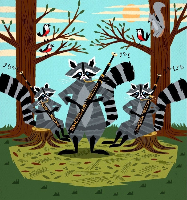 Raccoons Playing Bassoons - illustrated Limited Edition - Animal Art Print - iOTA iLLUSTRATION