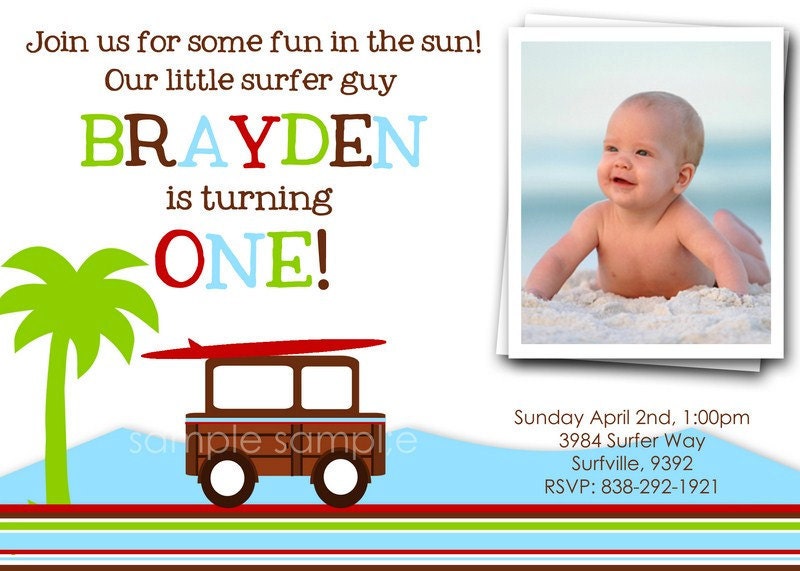 VINTAGE SURF BOY Beach or Luau Birthday Invitation, for any age. Printable with photo.