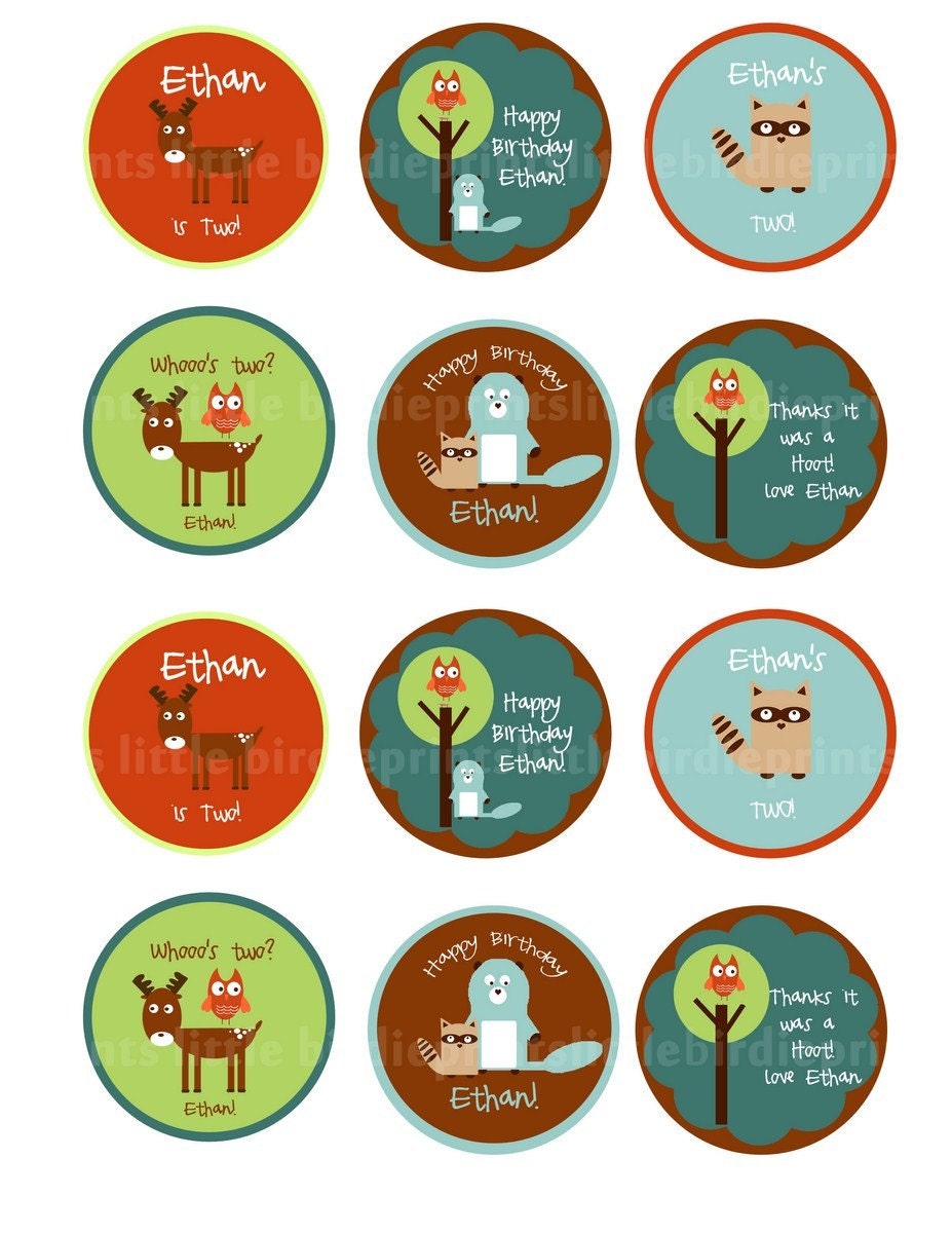 WOODLAND ANIMALS Cupcake Toppers/Party Circles with Beaver, Owl, Raccoon and Moose.