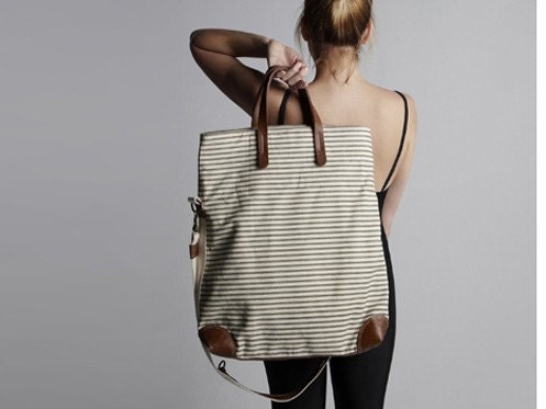Workhorse bag in bright coral striped cotton/linen fabric with leather trim