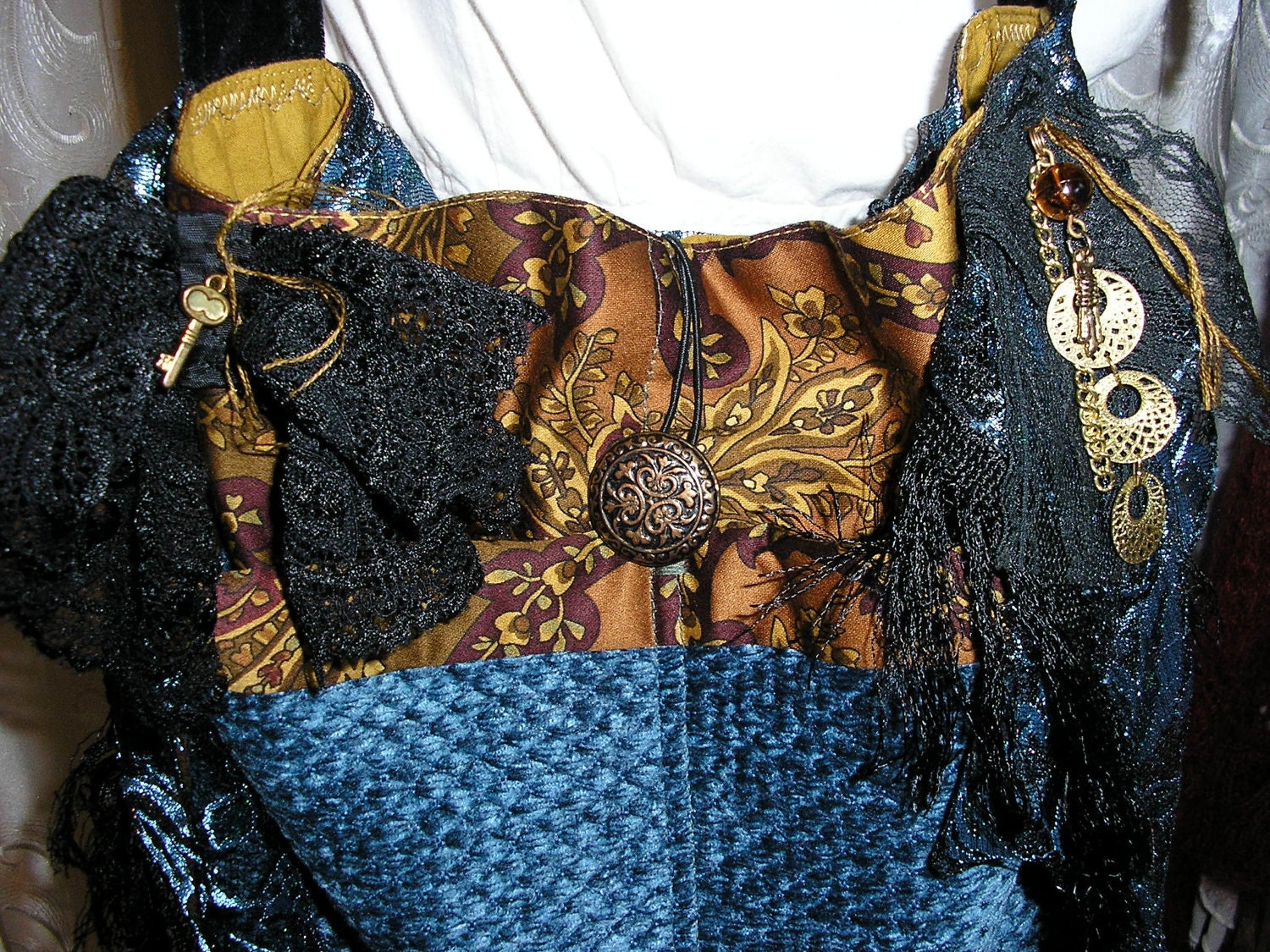 Bohemian Gypsy Purse, blue velvet chenille, brown gold renaissance fabric, handmade fabric bag, bohemian bag, gypsy embellished