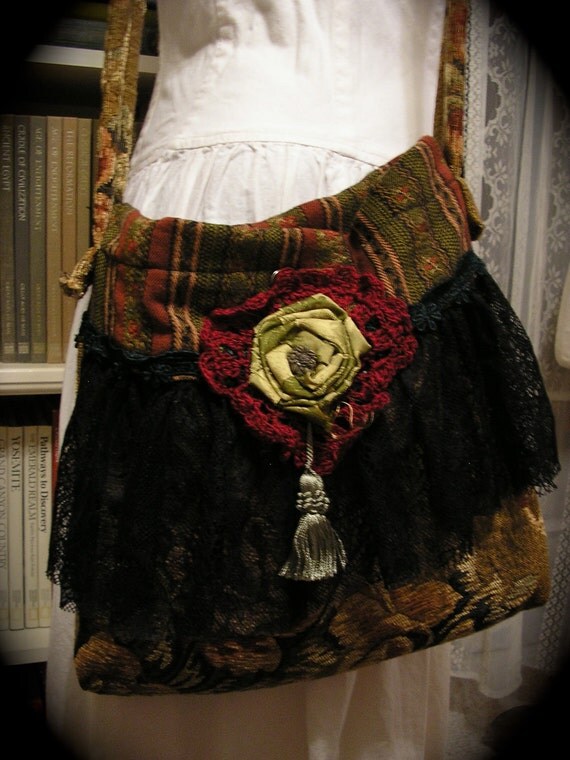 Gypsy Carpet Bag, black ruffled lace, earthy, thick chenille fabric