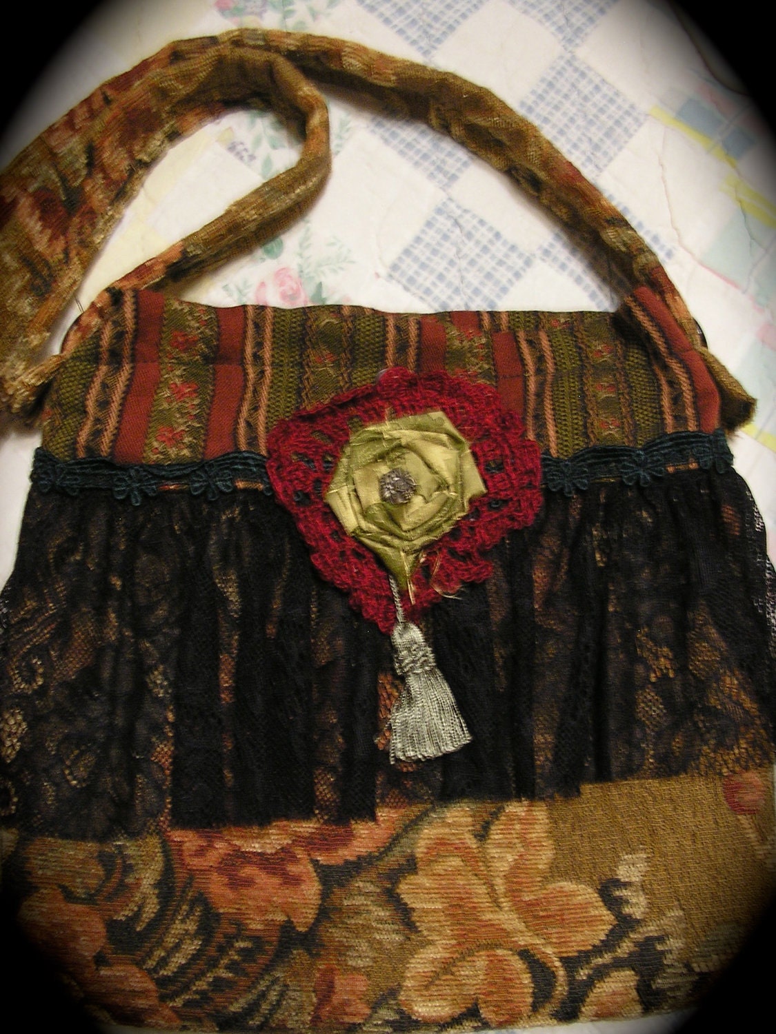 Gypsy Carpet Bag, black ruffled lace, earthy, thick chenille fabric