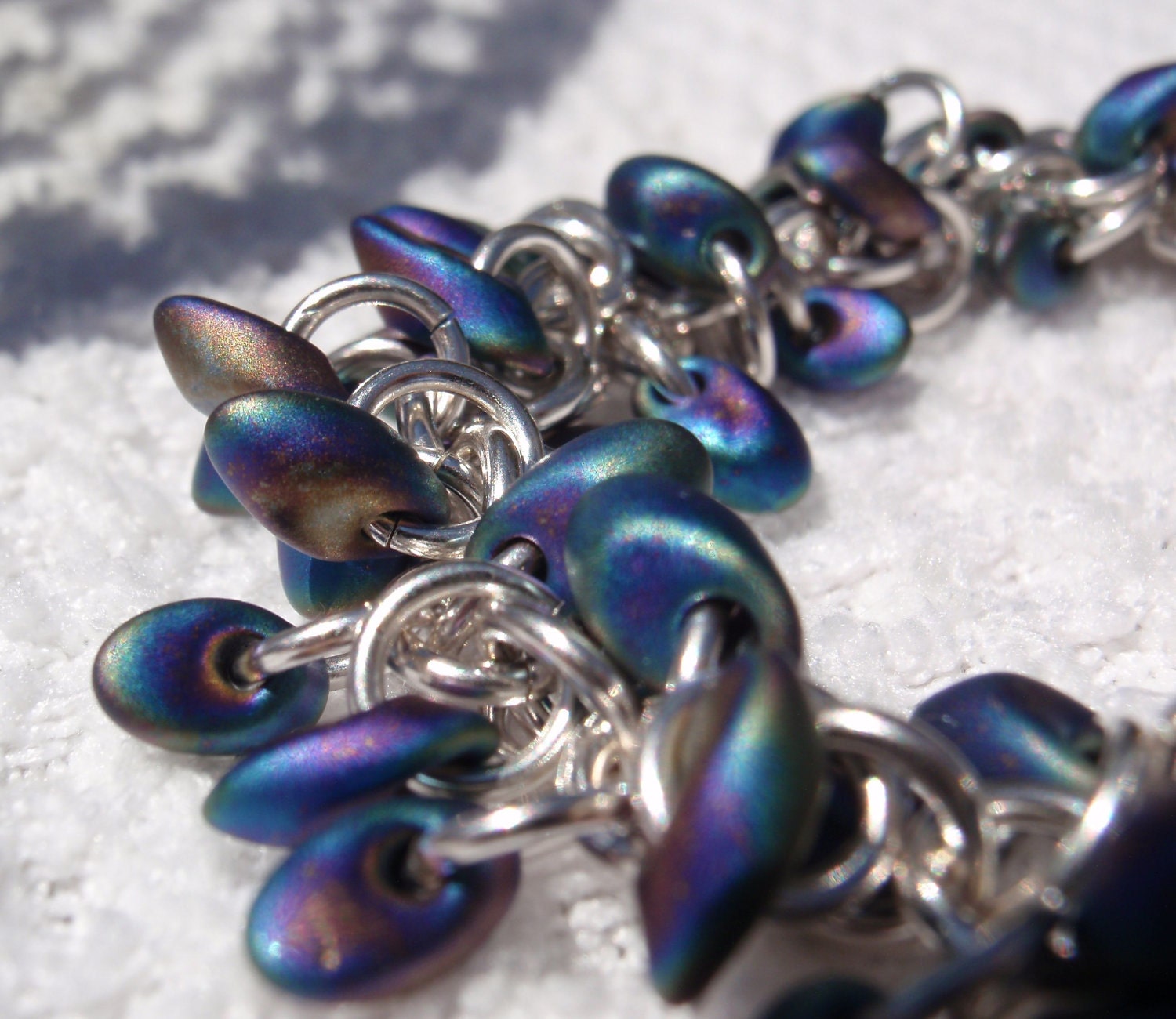 Sterling Silver Bracelet Chain Maille Shaggy Loops Black Rainbow Magatama Beads
