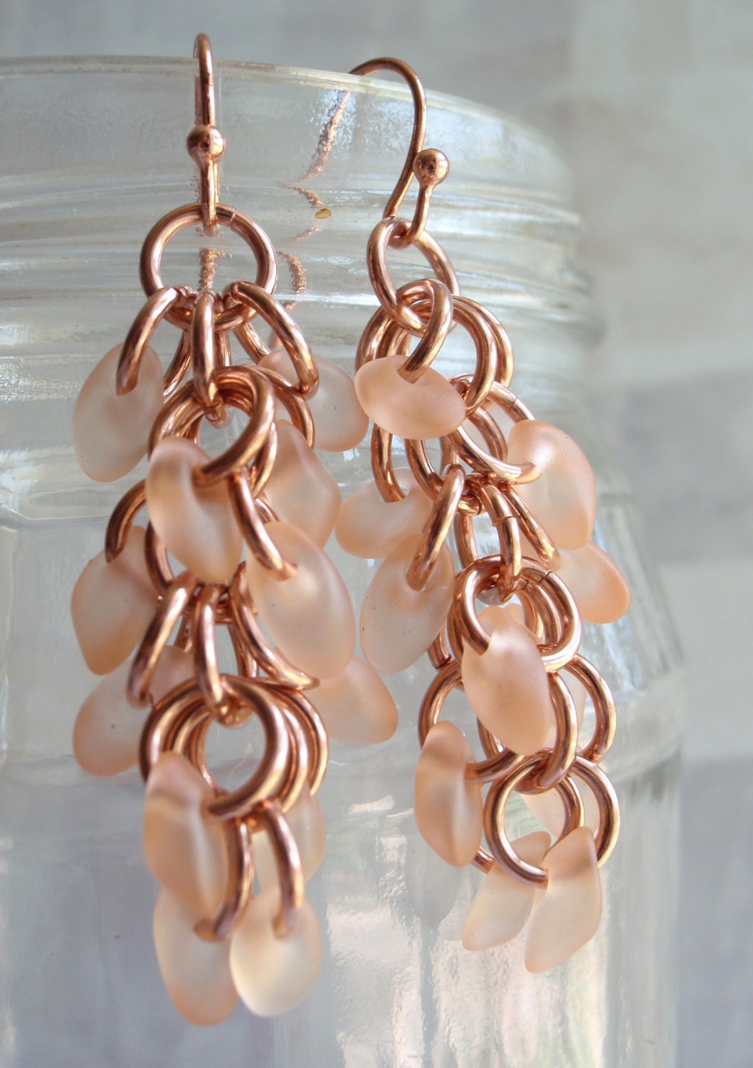 Copper Shaggy Loops Earrings Peach Magatama Beads Chain Maille
