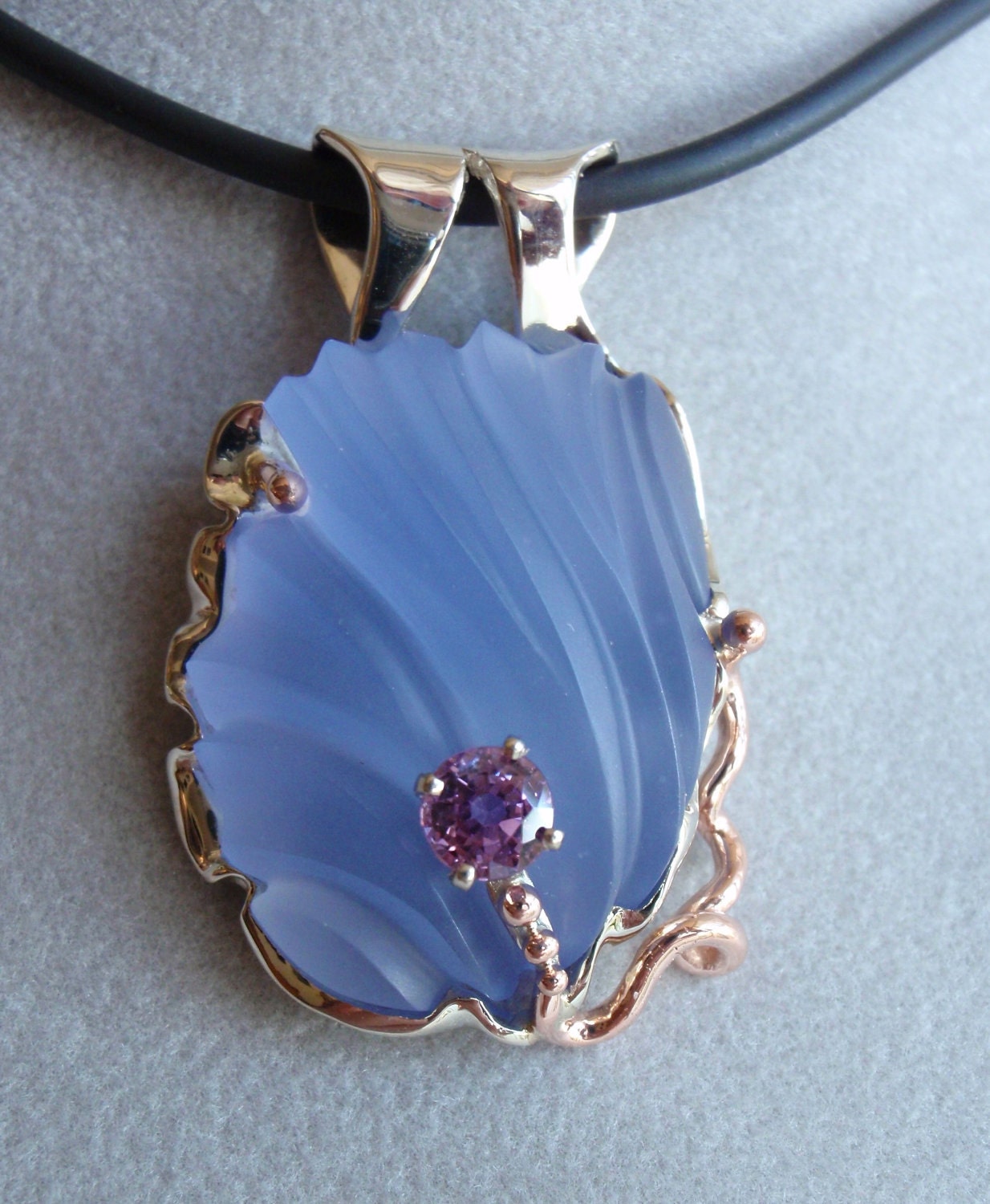 Blue Chalcedony Natural Pink Sapphire Pendant 14k White Rose Gold