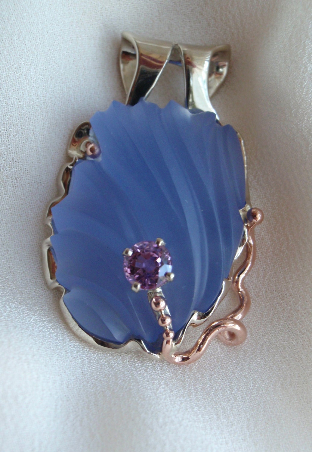 Blue Chalcedony Natural Pink Sapphire Pendant 14k White Rose Gold
