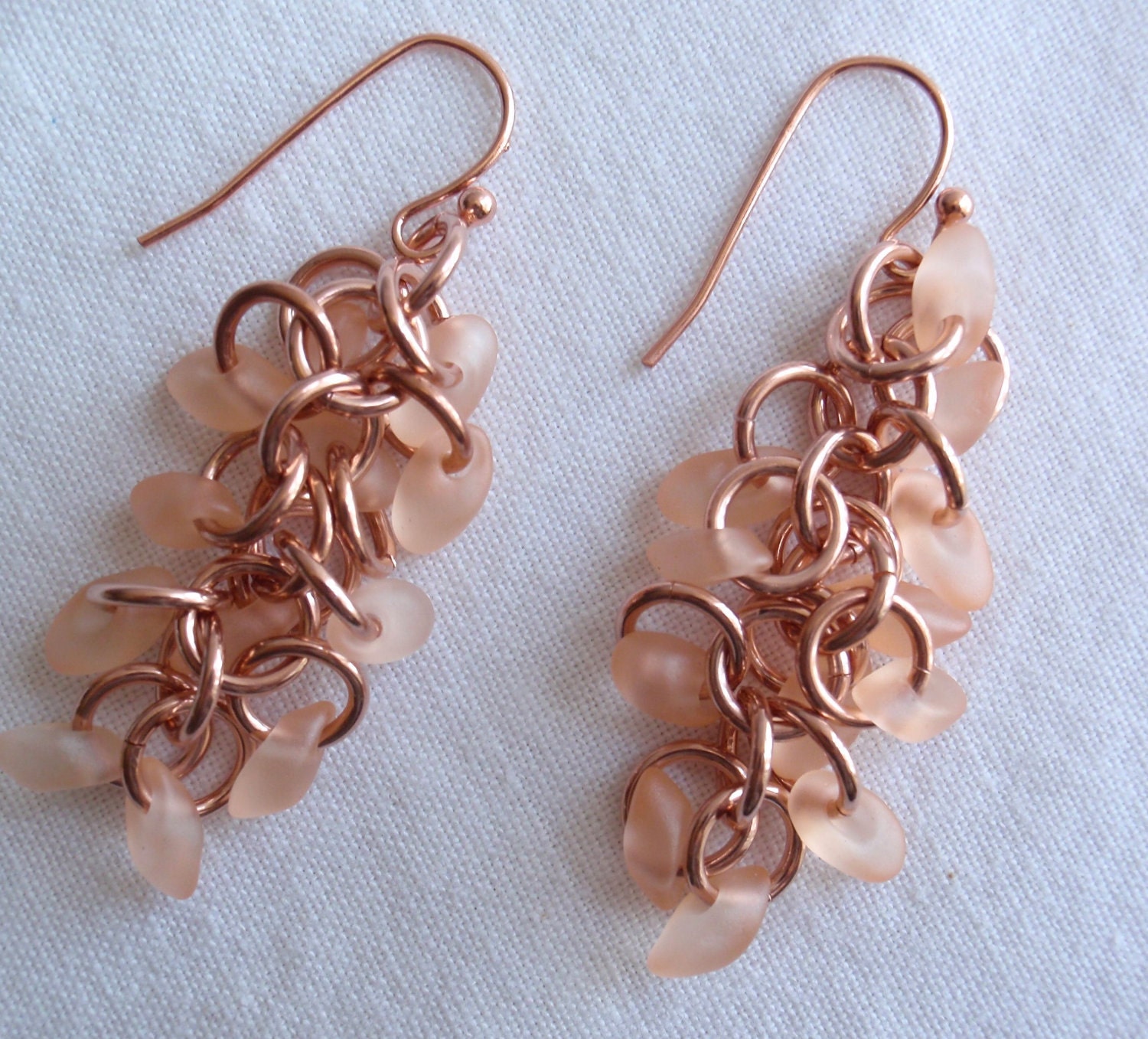 Copper Shaggy Loops Earrings Peach Magatama Beads Chain Maille