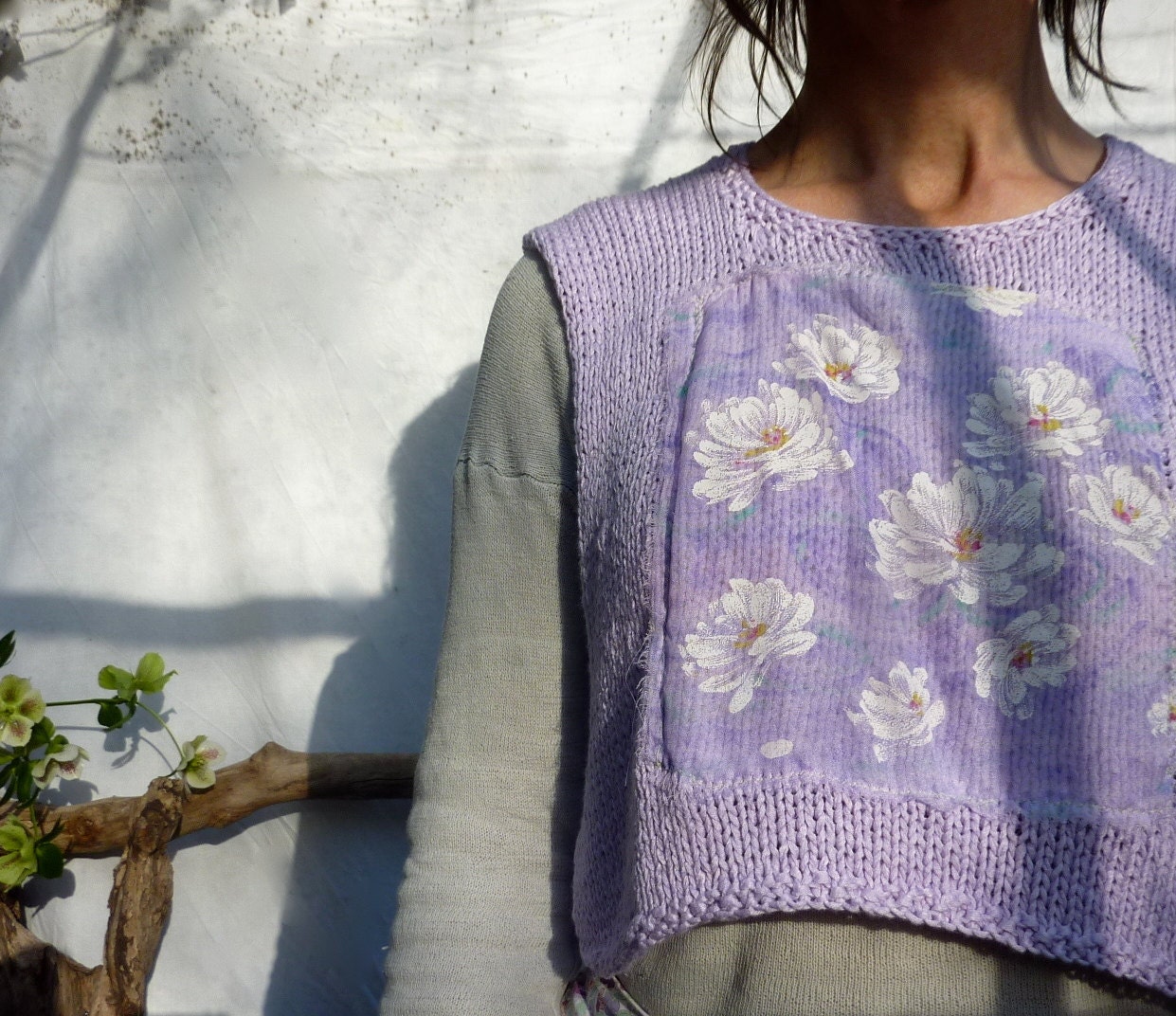Lilac Flowers Bodice, hand knitted in lavender bamboo yarn with white flowers on lilac chiffon fabric inset