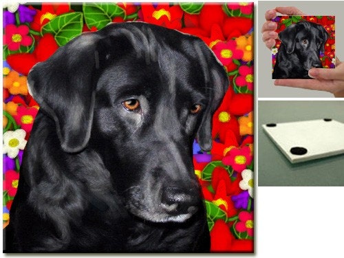 BLACK LABRADOR RETRIEVER dog red garden flowers art ceramic tile coaster