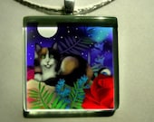 CALICO CAT MOON garden 1 inch art glass tile pendant...free chain