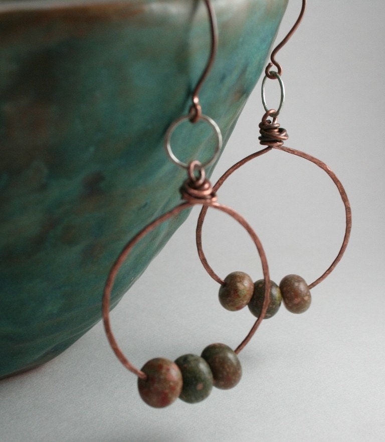 Hoop Earrings Hammered Copper and Sterling Autumn Jasper Long Dangle