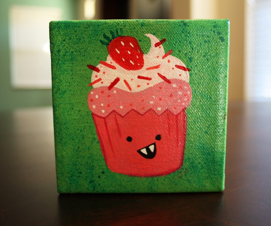 Sweet Strawberry Cupcake Original Painting