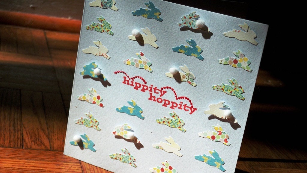 Red Leaping Bunnies "Hippity Hoppity" Handmade Greeting Card