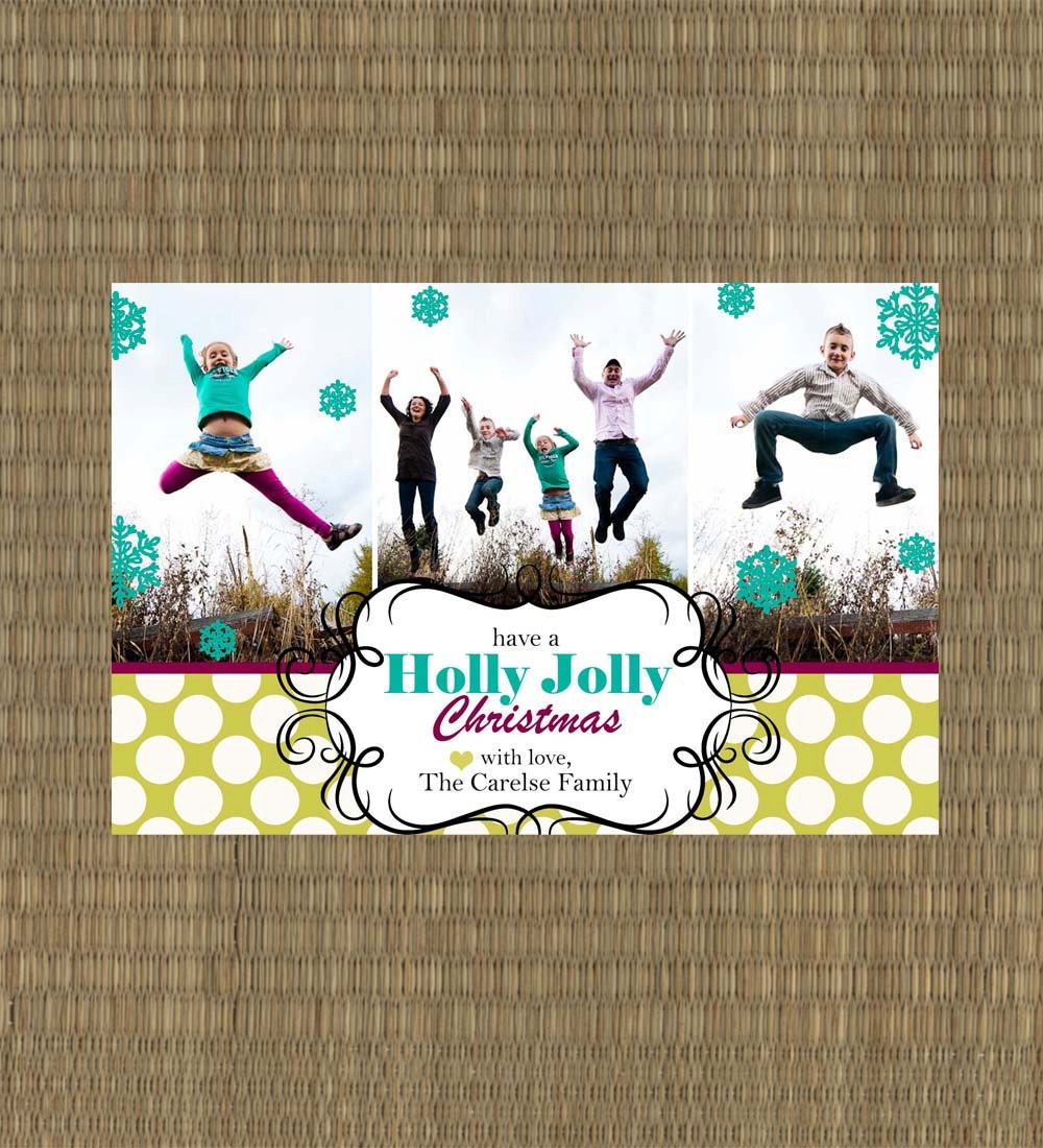 Printable Christmas Card - Whimsical Photo Christmas Card - Holly Jolly Christmas Picture Card - Purple, Turquoise, Lime Green
