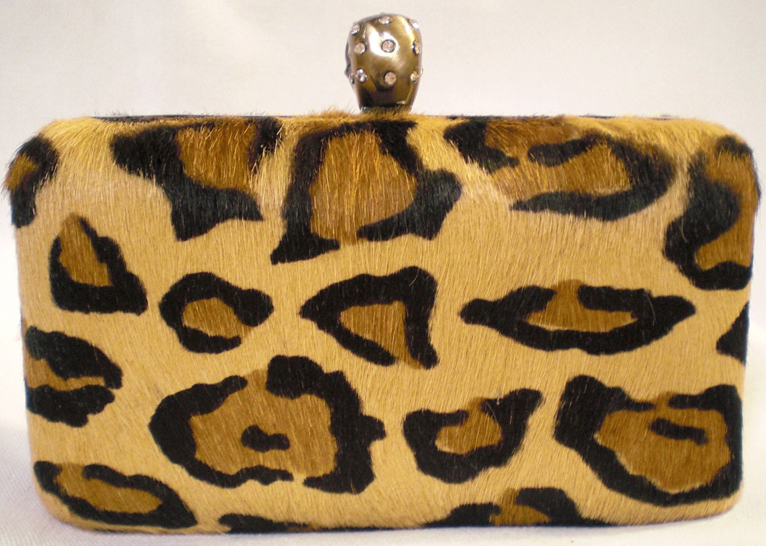 Leopard Hair Hide Clutch- skull clasp- Antique Brass