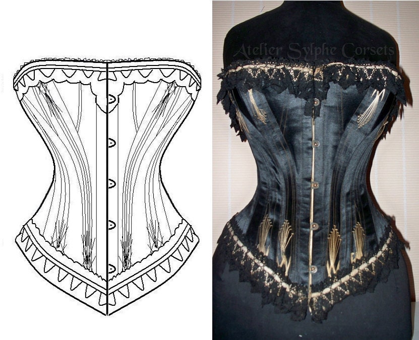 REf G Black satin 5x2 gussets pattern style hand drafted from antique 26 inches waist size antique corset