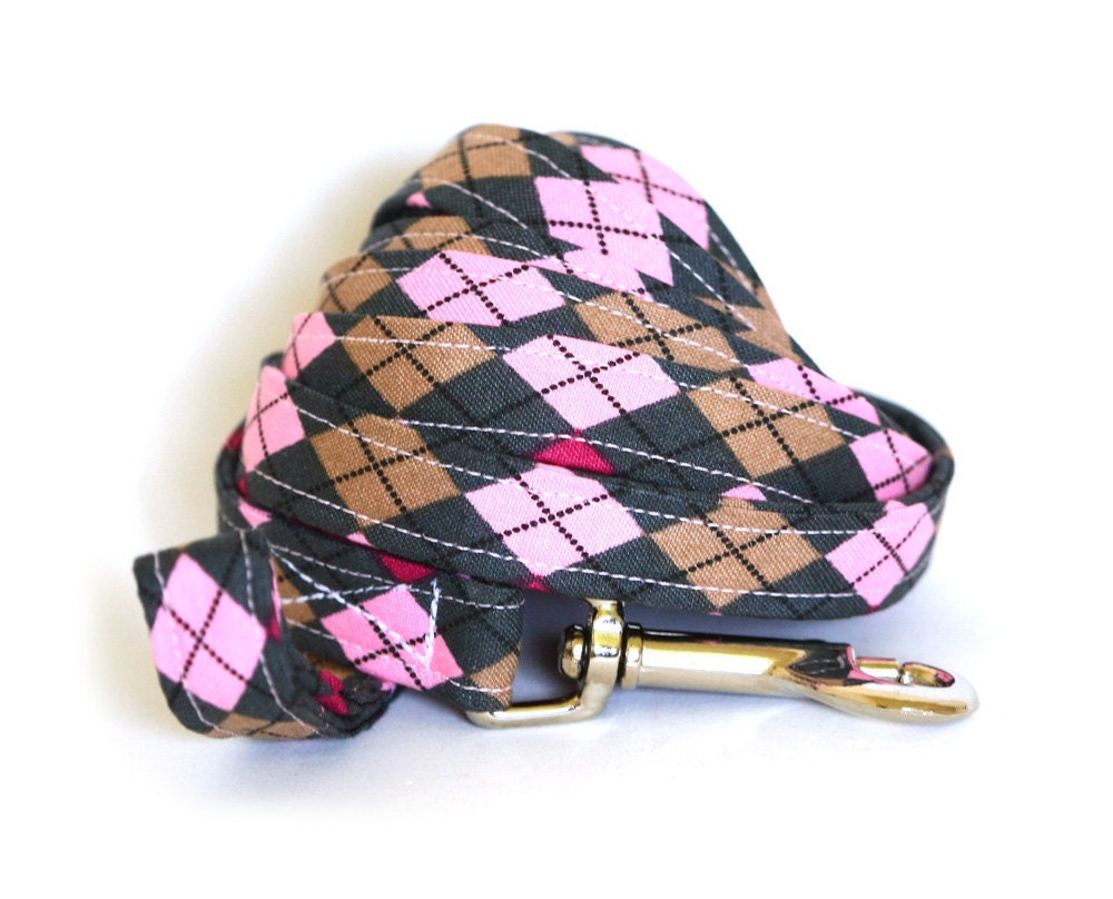 Dog Leash - Pink and Grey Argyle - 6 ft long