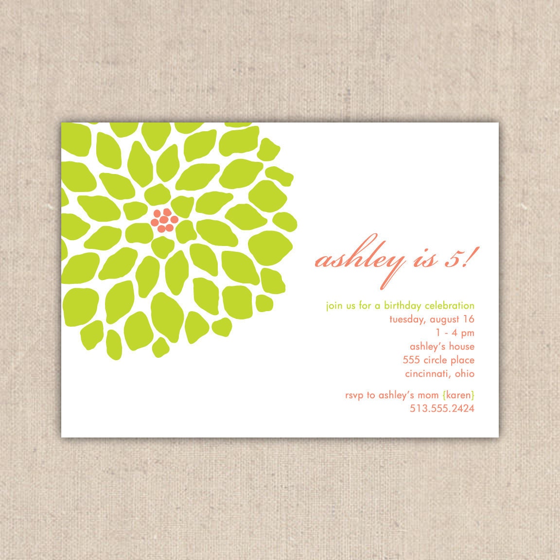 Flower Birthday Invitation/Party Invite - Dahlia, Mum