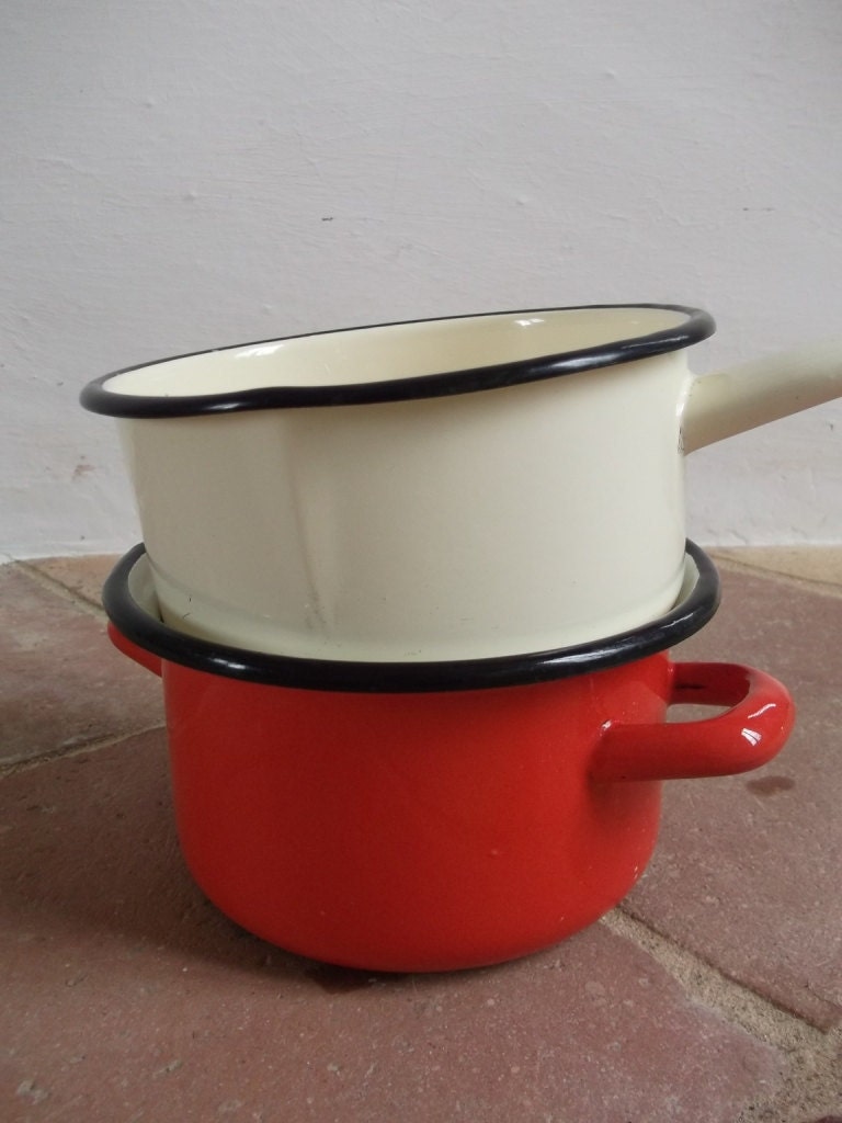2 French Vintage Enamel Pots