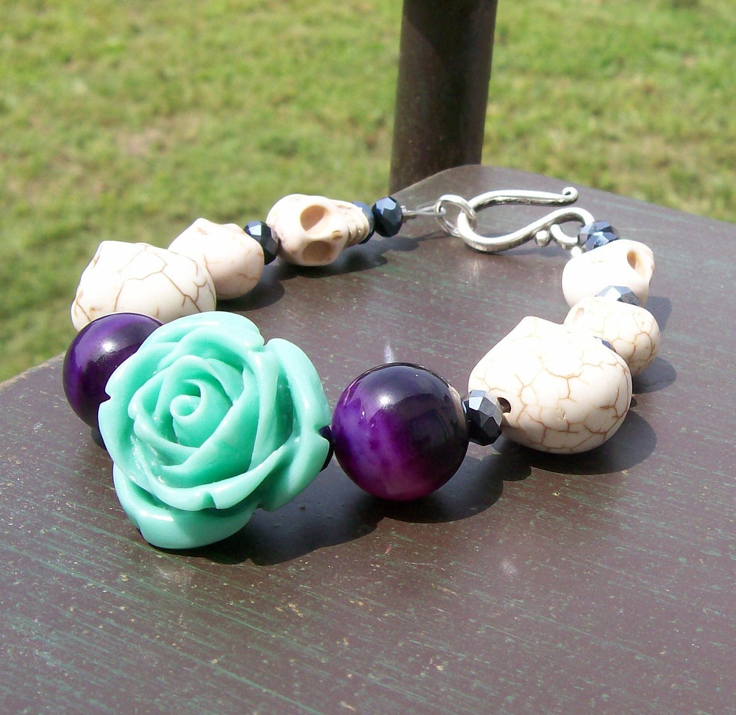 Blue Rose and Sugar Skull Bracelet Halloween jewelry