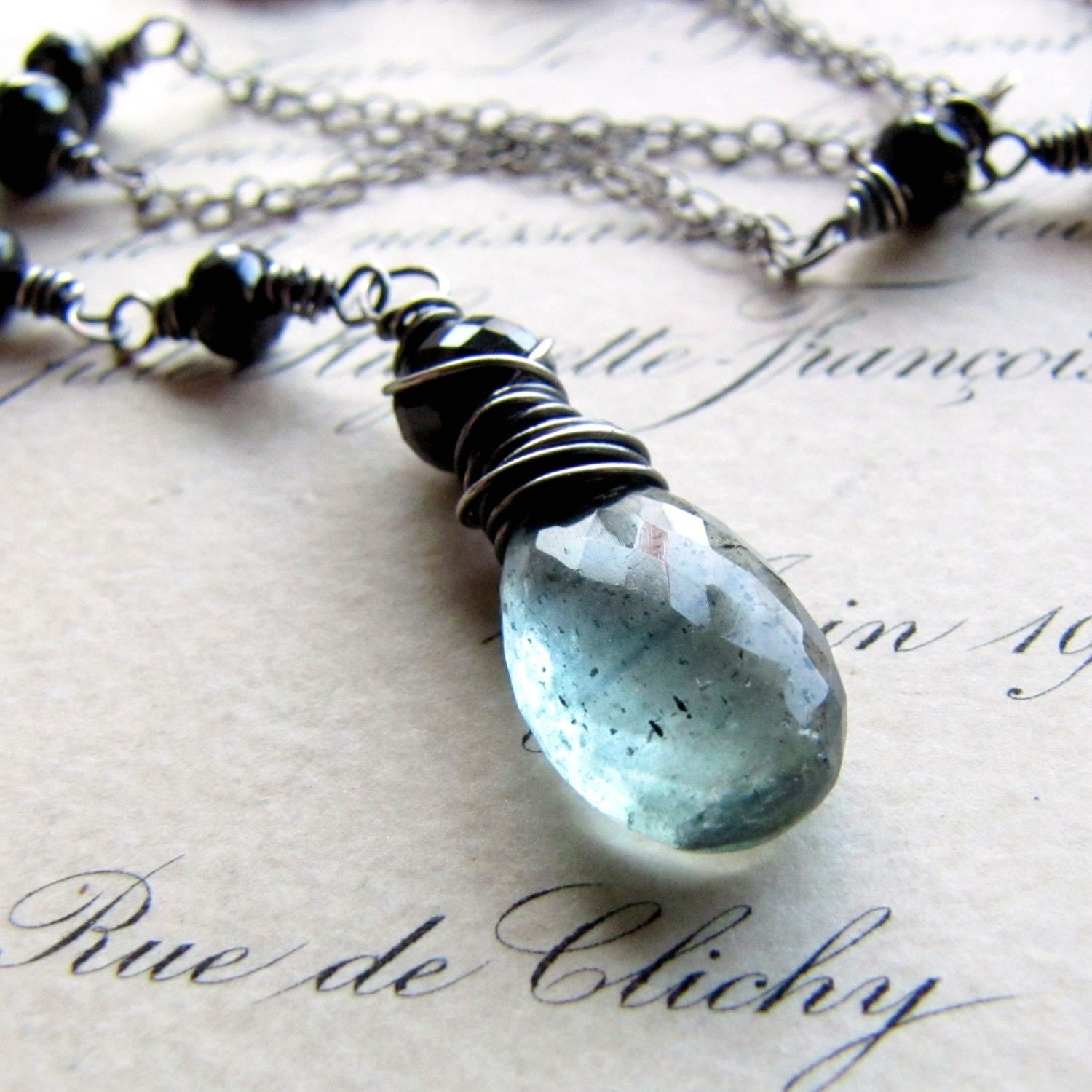 Necklace. AAA Moss Aquamarine, AA Black Spinel on Oxidized Sterling Silver. Dark Mermaid..