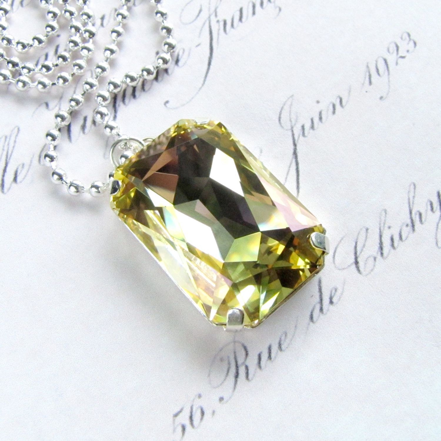 30% WINTER SALE Swarovski Crystal Necklace, Champagne Faceted Rectangle Stone Silver Setting Sterling Silver Ball Chain challenevi