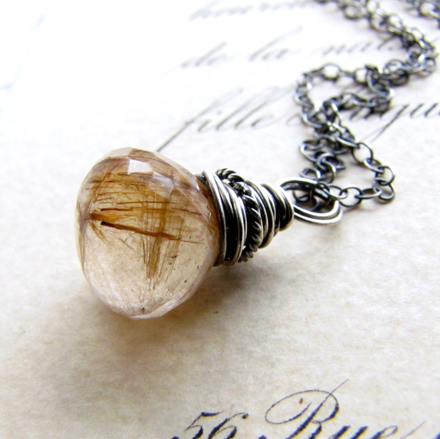 30% WINTER SALE Golden Rutilated Quartz Necklace, Briolette Gemstone Oxidized Sterling Silver challenevi