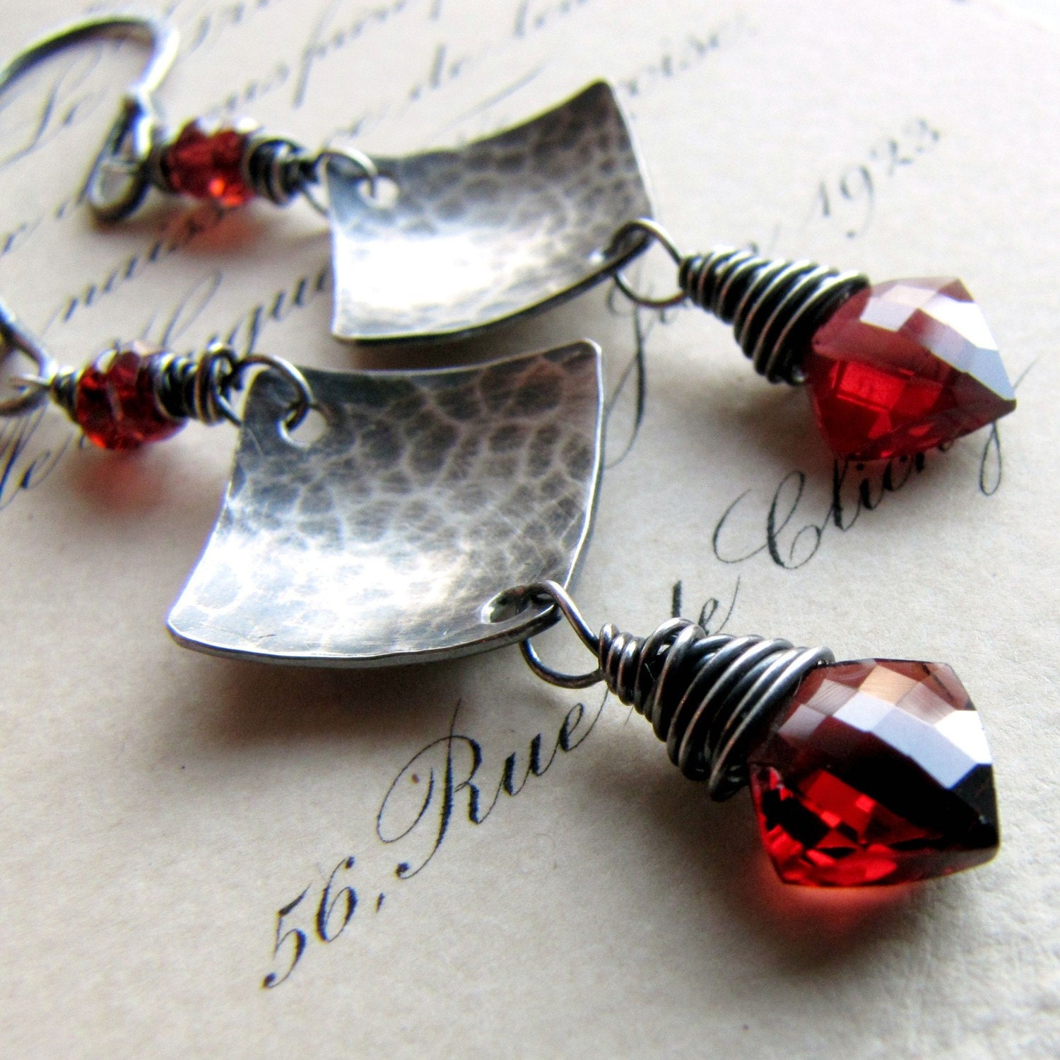 Garnet Earrings Diamond Briolette Gemstones Oxidized Sterling Silver Triangle Hammered Metalwork challenevi