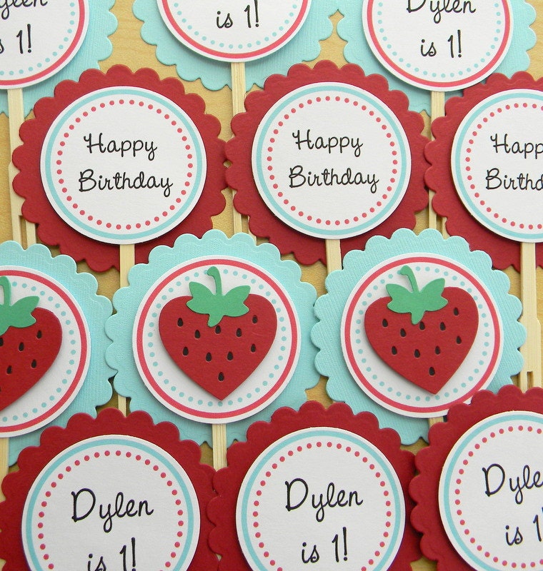 red and aqua STRAWBERRY birthday cupcake toppers Il_170x135