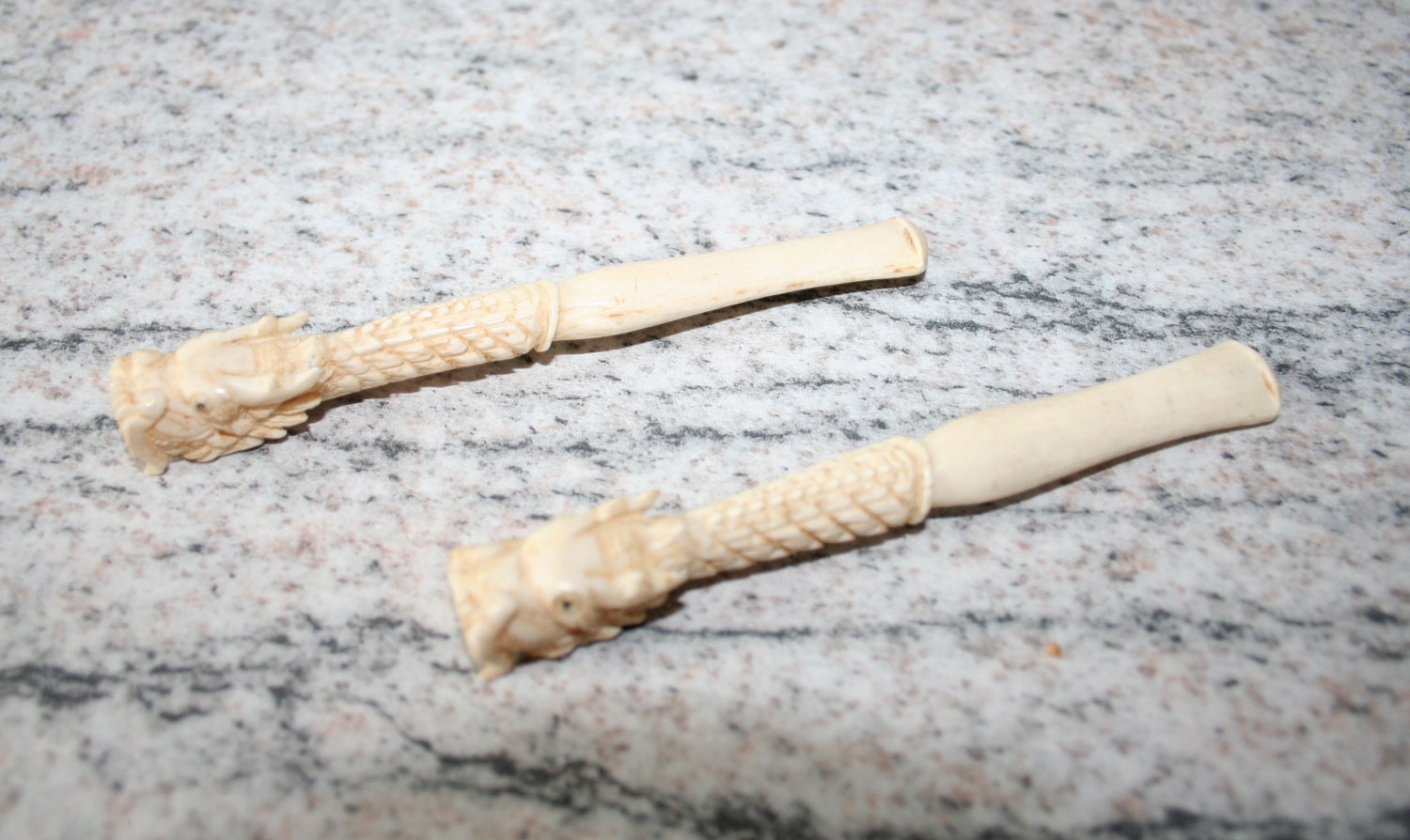 REDUCED x 2 Antique oriental carved dragon cigarette holders