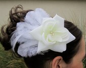 Hair Feather Fascinator - White & Ivory Rose Pearl Trio