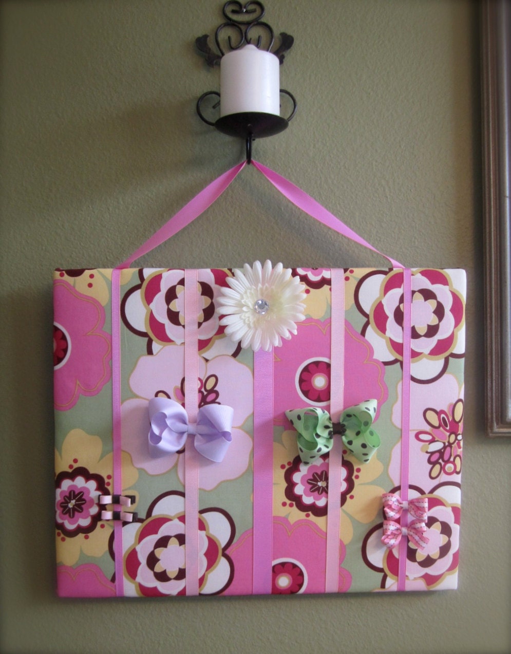 Hair Bow Board Organizer: Pink, Green and Yellow Flowers with optional headband holder