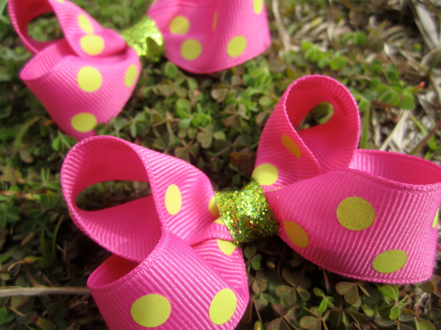 3" Boutique Pigtail Hair Bow Set: Pink and Lime Green Polka Dots