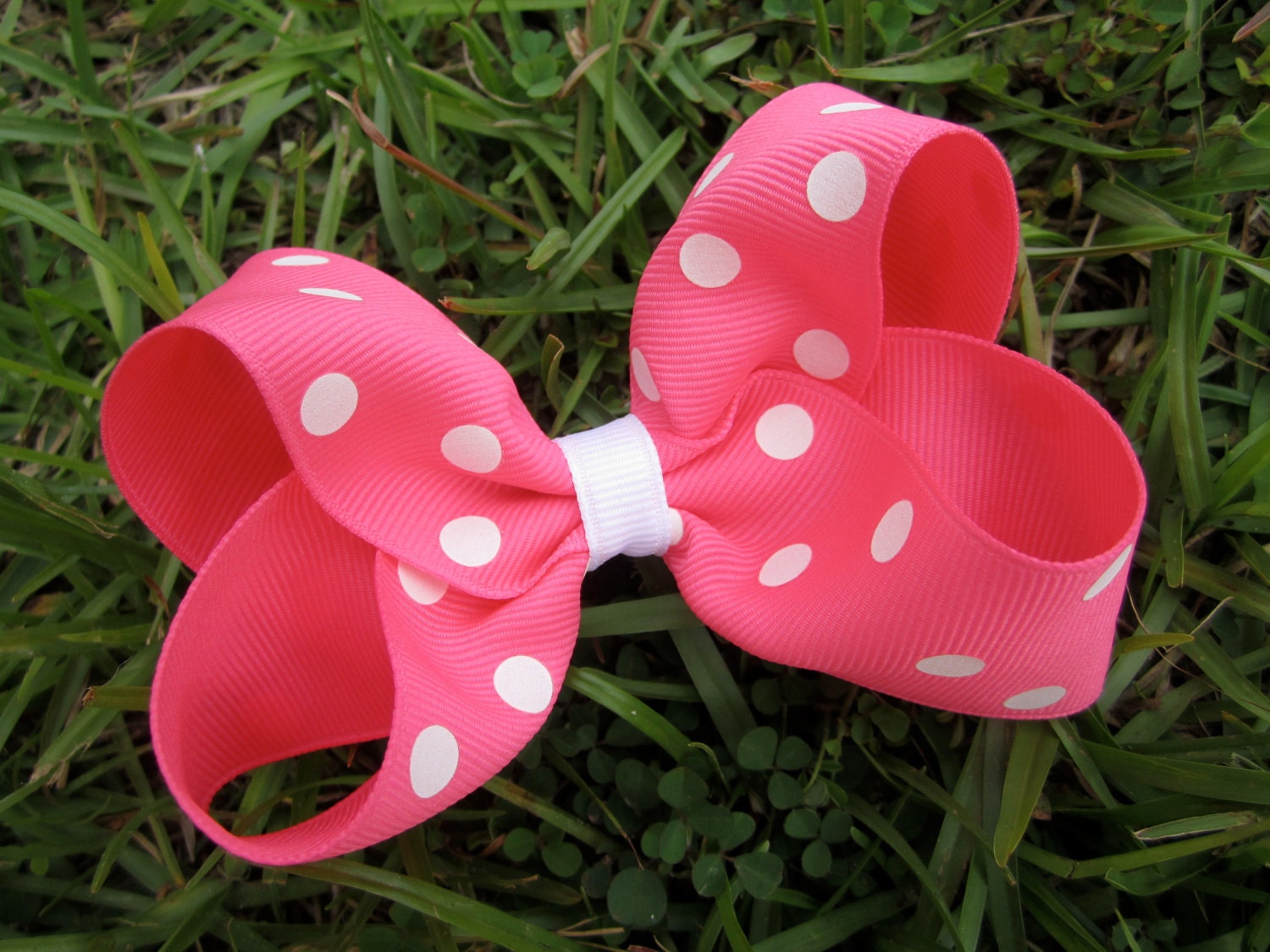 Hair Bow: Pink Sherbet & White Polka Dot - Large 4" Bow