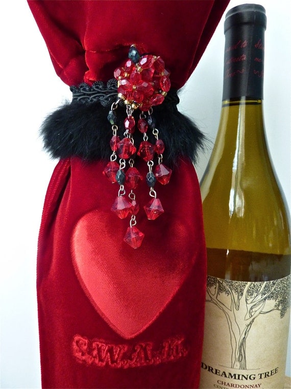 Velvet Wine Bag Valentine S.W.A.K. Red Unisex Custom Embellished Embossed by Velvet manna for Etsy