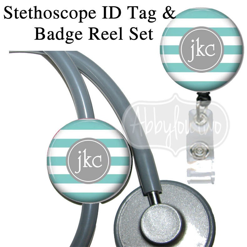 Badge Reel and Stethoscope ID Tag Set Personalized with Your Initials Preppy Stripes