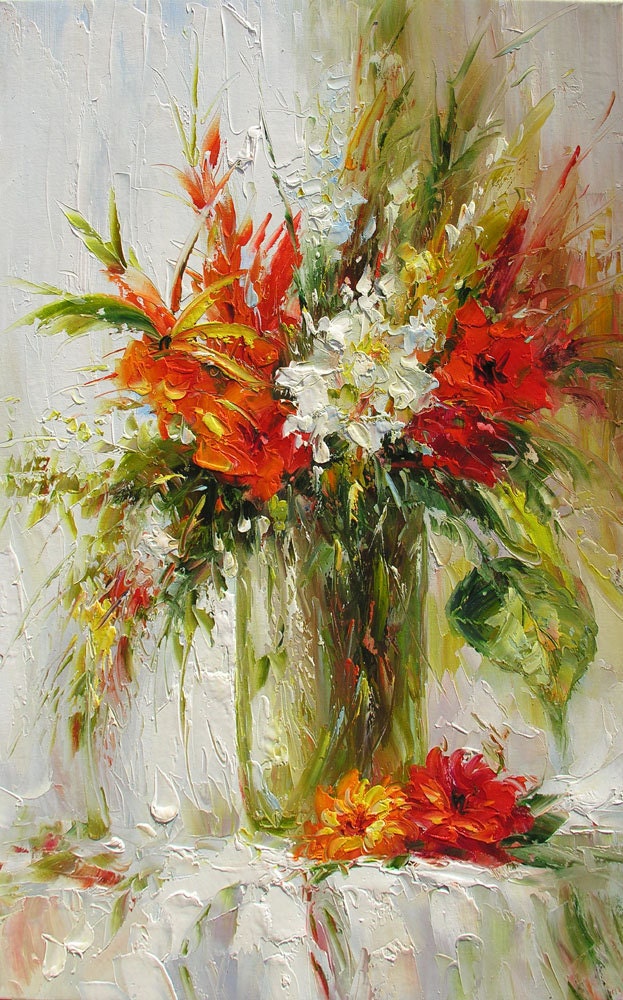 ORIGINAL Oil Painting A Brighter Day 23 x 36 Palette Knife Colorful Flowers Red White Textured Vase Bouquet Big  by Marchella - decorpro