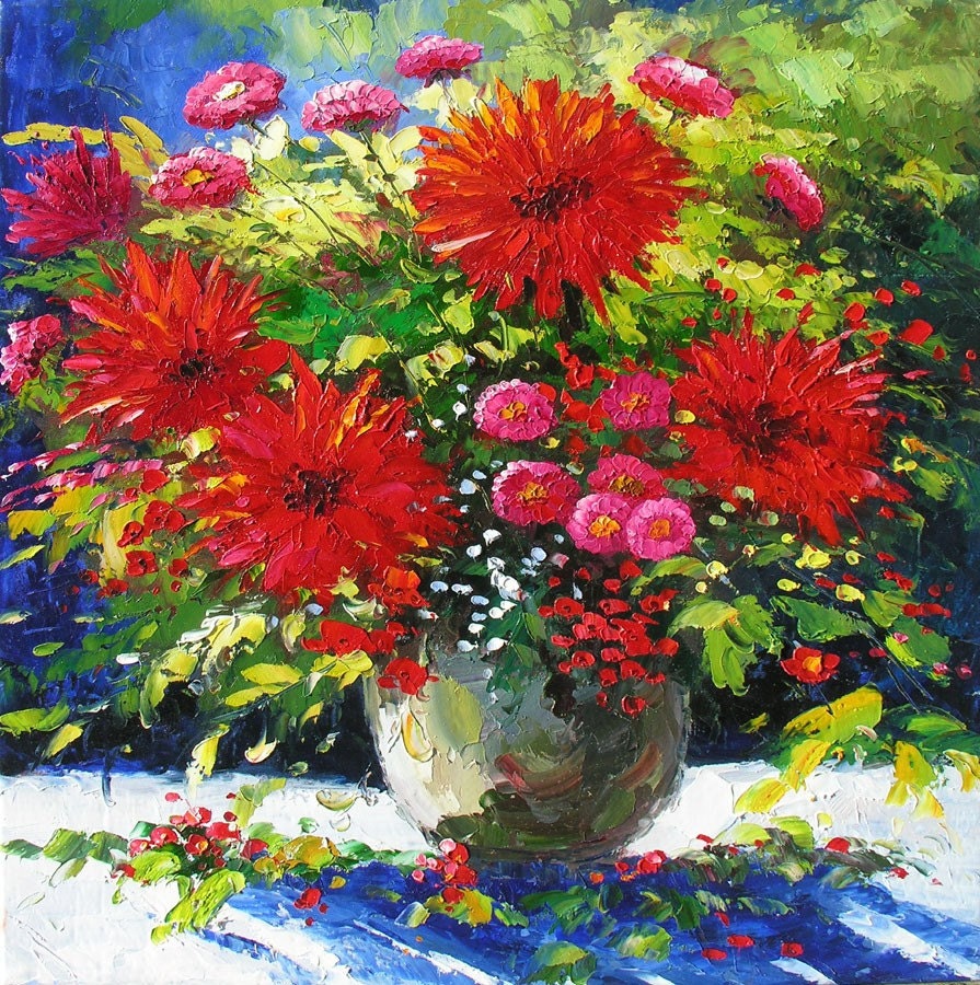 Red Summer 24 x 24 Original Oil Painting Knife Colorful Flowers Red Gerbera Pink Green Big Summer Vase Bouquet Arangement by Marchella