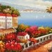 ORIGINAL Oil Painting The Beauty of Summer 23 x 36 French Village Palette Knife Seascape Sun Flowers Nature Sea Red Colorful by Marchella