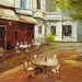 ORIGINAL Oil Painting Meet me for a coffee 23 x 30 Palette Knife Colorful Textured Sunny Town Village Bistro Table ART by Marchella