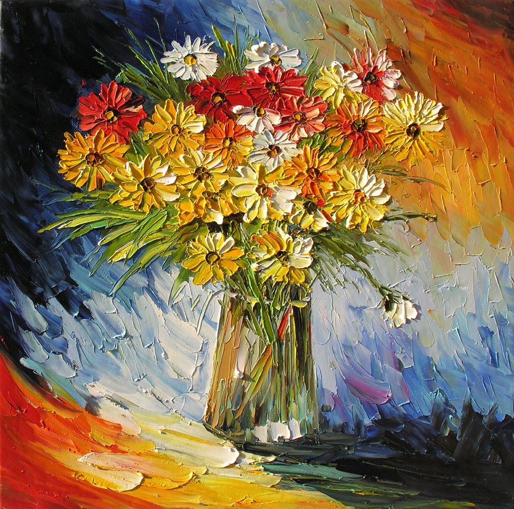 In Love 24 x 24 Original Oil Painting By Marchella Bouquet Vase Flowers Still Life Daisies Colorful Yellow Blue