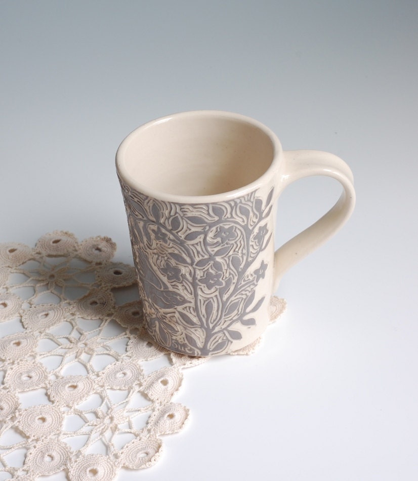 Taupe Gray and White Hand Carved Stoneware Mug