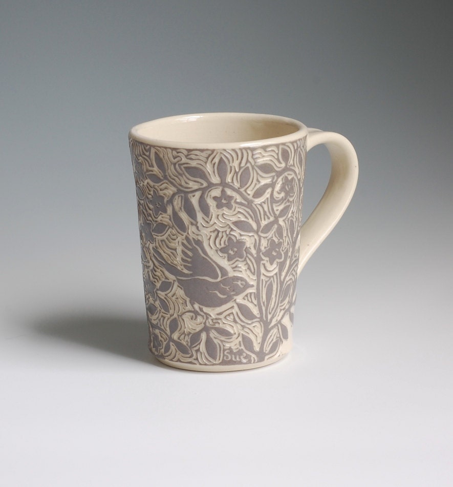Taupe Gray and White Hand Carved Stoneware Mug