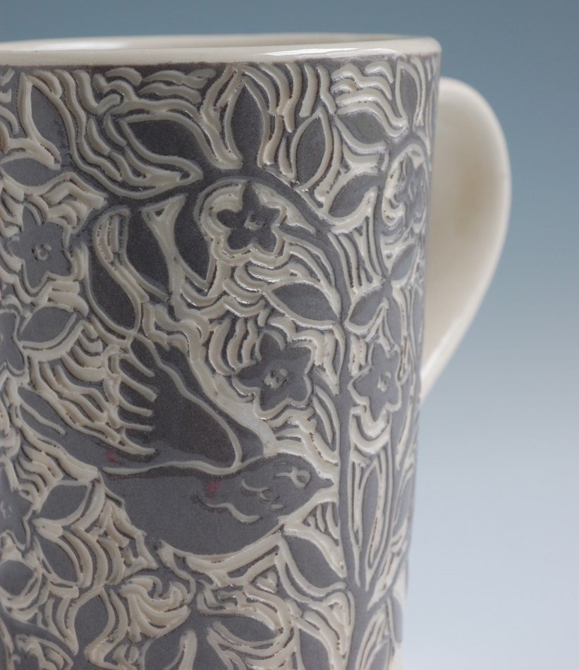 Taupe Gray and White Hand Carved Stoneware Mug