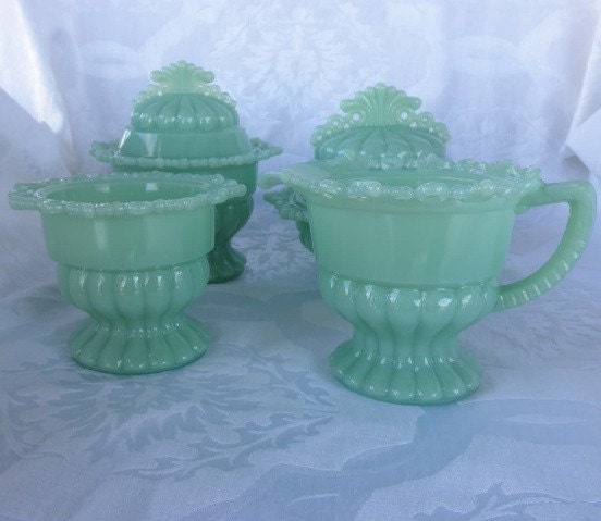 Jadite or Seafoam Green Westmoreland Rare Scalloped Covered Candy Dish Set with creamer and sugar