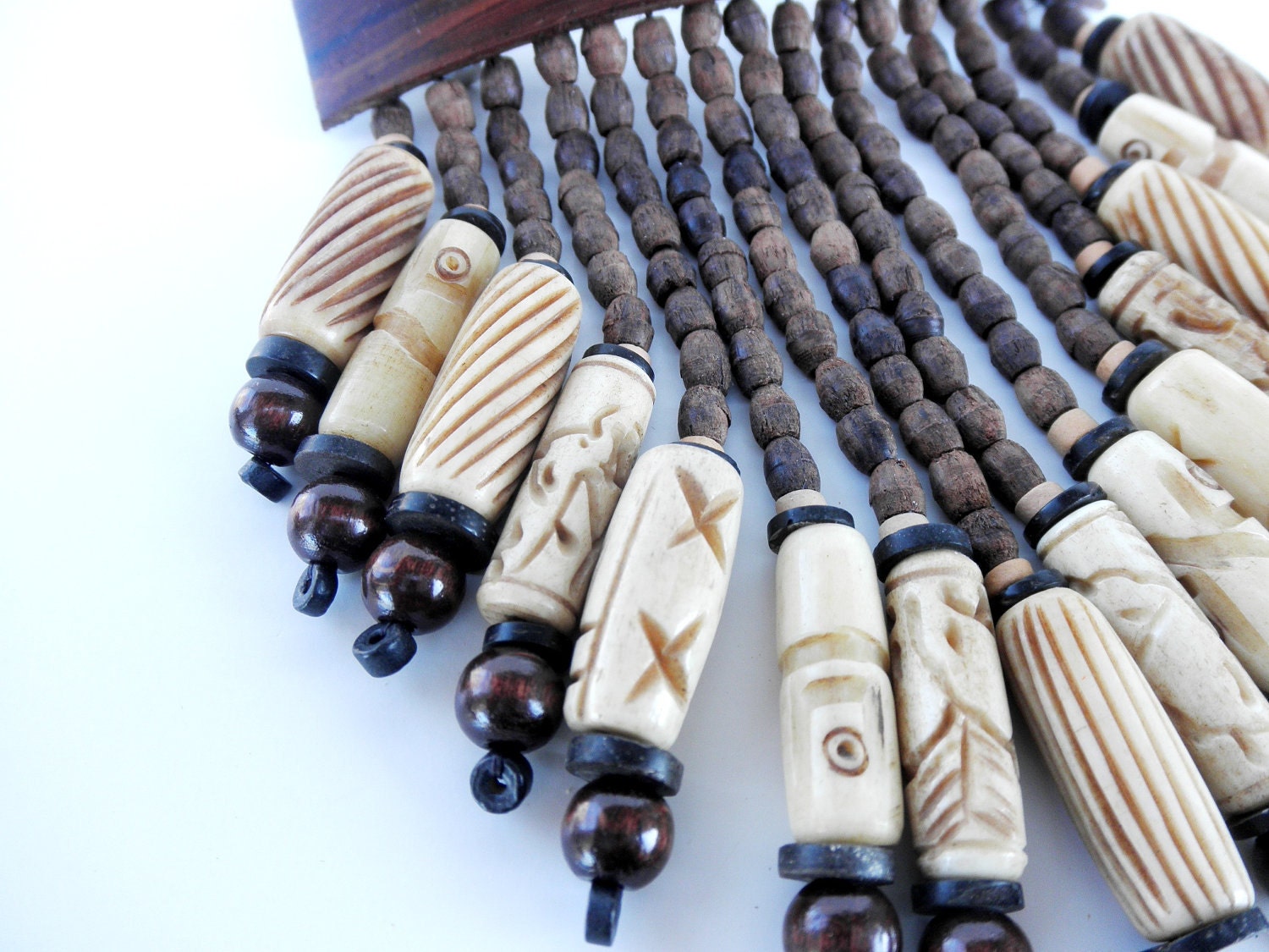 Gift Idea - Hair Barrette with Natural Wood, Carved Yak Bone, Clay, and Shell with matching Necklace