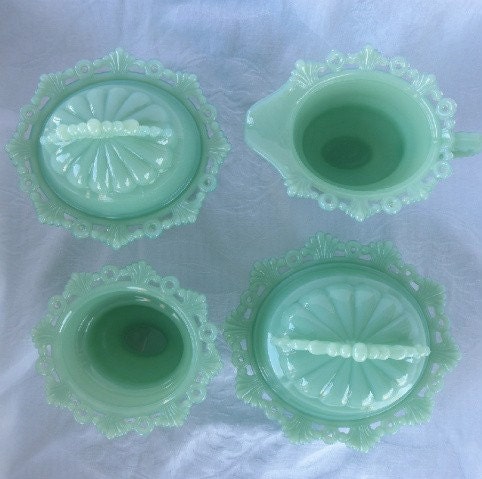 Jadite or Seafoam Green Westmoreland Rare Scalloped Covered Candy Dish Set with creamer and sugar