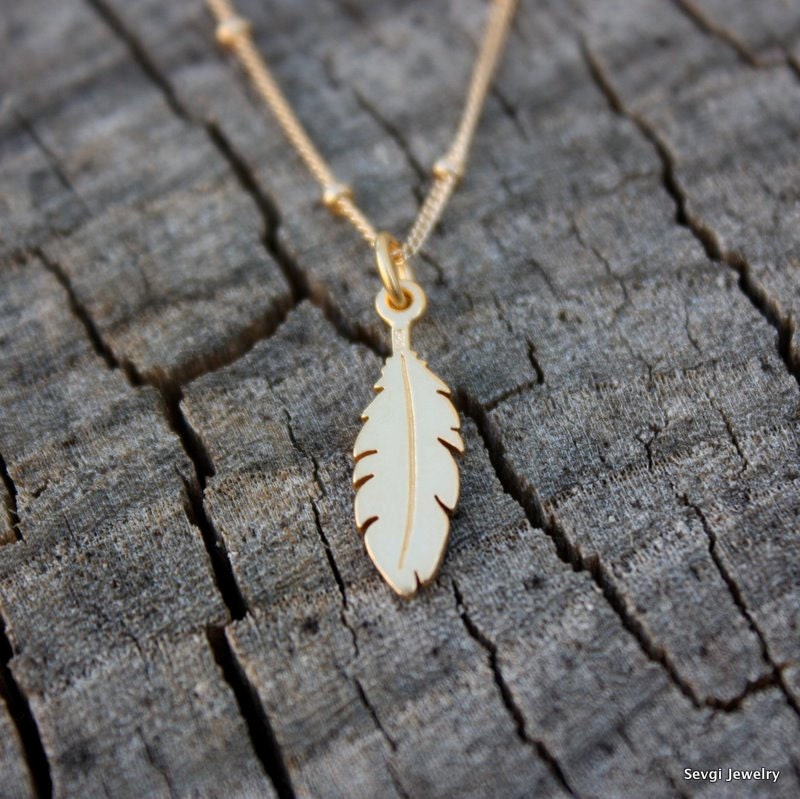 Gold Feather Necklace - 24K Gold Dipped Feather Charm . 14K Gold-Filled Satellite Chain . Native American . Tribal